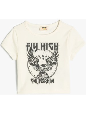 Koton Crop Tişört Kısa Kollu Bisiklet Yaka Baskılı Pamuklu