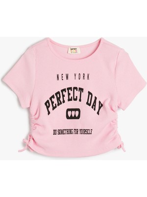 Koton Crop Tişört Yanları Büzgülü Kısa Kollu Baskılı Pamuklu