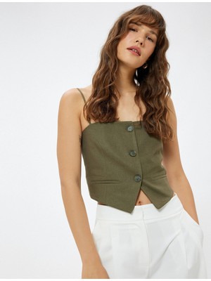Koton Keten Askılı  Crop Yelek Düğmeli Asimetrik