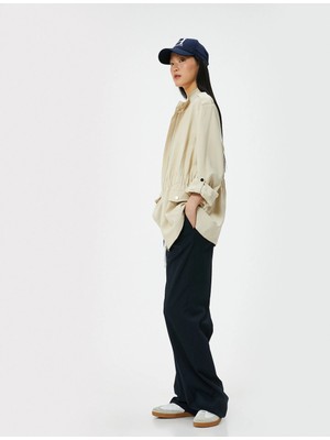 Koton Fermuarlı Trençkot Beli Lastikli Kapaklı Cepli Dik Yaka