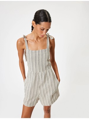 Koton Mini Salopet Tulum Keten Karışımlı Kolsuz Sırtı Açık Bağlama Detaylı Kare Yaka