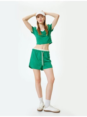 Koton Mini Şort Çift Bel Detaylı Yüksek Bel Rahat Kesim Beli Bağcıklı