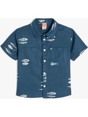 Koton Keten Gömlek Kısa Kollu Balık Desenli Cep Detaylı