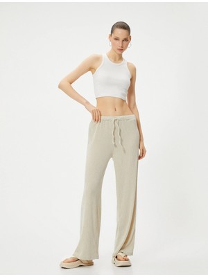 Koton Bol Paça Pantolon Dokulu Rahat Kalıp Beli Bağlamalı Viskoz Kumaş Karışımlı