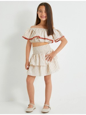 Koton Crop Bluz Açık Omuz Katlı Volanlı Işleme Detaylı