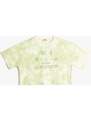 Koton Tişört Crop Oversize Batik Desenli Bisiklet Yaka Baskılı