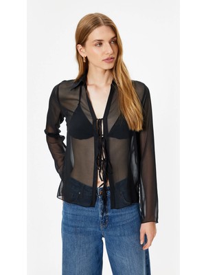 Koton Tül Transparan Gömlek Önden Bağlama Detaylı Uzun Kollu