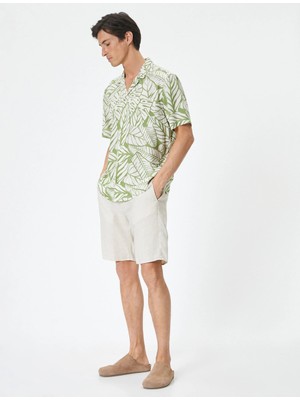 Koton Desenli Gömlek Çiçekli Devrik Yaka Cep Detaylı Keten Karışımlı