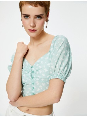 Koton Balon Kol Crop Bluz Çiçekli Düğmeli V Yaka Viskoz Kumaş