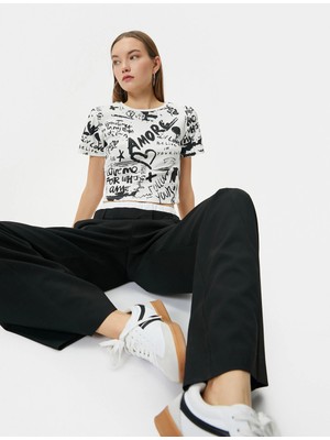 Koton Crop Tişört Baskılı Ribanalı Kısa Kollu Bisiklet Yaka Pamuklu