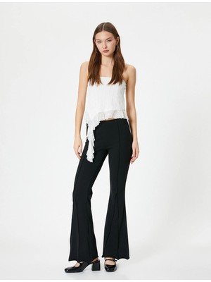 Koton Ispanyol Paça Pantolon Nervürlü Standart Bel Slim Fit Viskon Kumaş Karışımlı