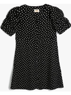 Koton Puantiyeli Elbise Balon Kollu Düğme Kapamalı Viskon Kumaş