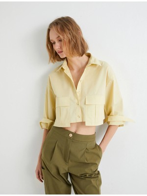 Koton Crop Poplin Gömlek Kargo Cepli Düğmeli Uzun Kollu Pamuklu