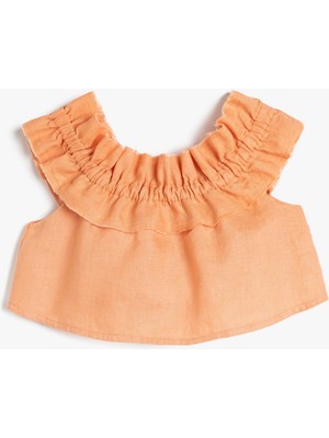 Koton Keten Bluz Crop Düşük Omuz Fırfırlı