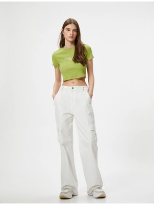 Koton Fitilli Crop Tişört Kısa Kollu Pamuklu Işleme Detaylı