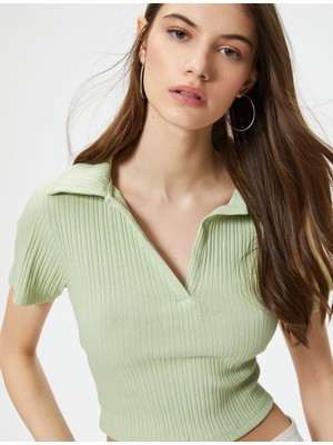 Koton Polo Yaka Crop Tişört Kısa Kollu Ribanalı Pamuklu