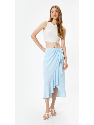 Koton Midi Boy Fırfırlı Etek Kruvaze Asimetrik Keten Karışımlı