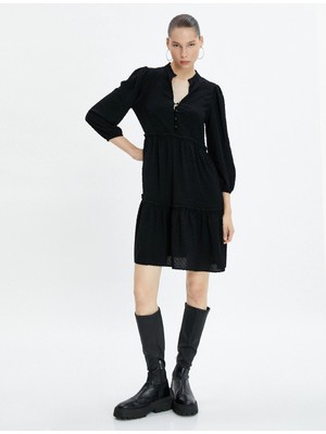 Koton Midi Elbise Uzun Kollu Dik Yaka Düğme Detaylı Dokulu Viskon Kumaş