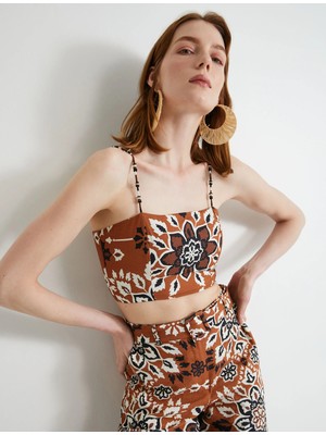 Koton Çiçekli Crop Atlet Boncuk Askılı Keten Karışımlı