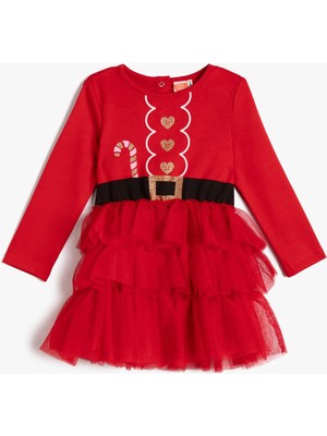 Koton Elbise Tütü Etek Detaylı Katlı Uzun Kollu Bisiklet Yaka Yılbaşı Temalı Baskılı