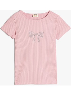 Koton T-Shirt Fiyonk Baskılı Pul Detaylı Kısa Kollu Bisiklet Yaka Pamuklu