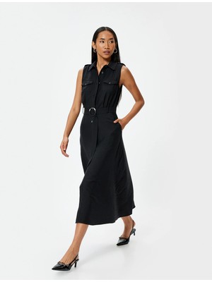 Koton Midi Boy Kolsuz Gömlek Elbise Kemer Detaylı Cepli