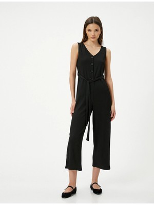 Koton Tulum V Yaka Düğmeli Bol Paça Kolsuz Kemer Detaylı