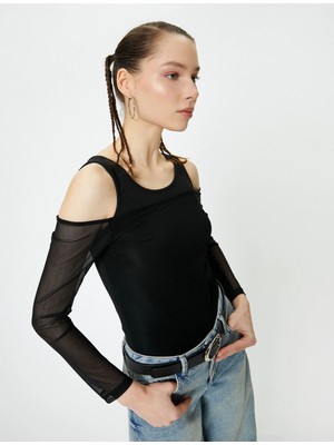 Koton Çift Kumaş Kullanımlı Tül Tişört Uzun Kollu Slim Fit
