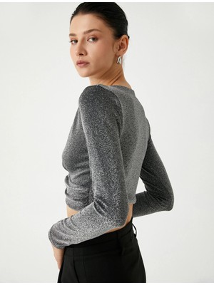 Koton Abiye Bluz Crop Simli Uzun Kollu V Yaka Büzgülü