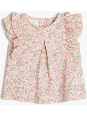 Koton Bluz Çiçekli Fırfırlı Yuvarlak Yaka Arkadan Düğme Kapamalı