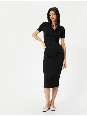 Koton Midi Elbise Drape Yaka Kısa Kollu Standart Kesim