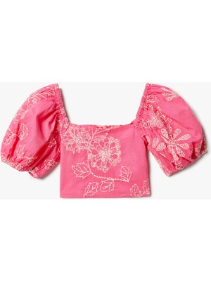 Koton Crop Bluz Işlemeli Kare Yaka Pamuklu