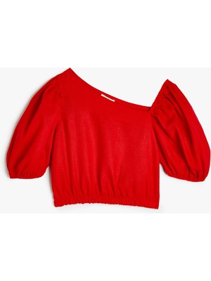 Koton Kız Çocuk Crop Keten Bluz Balon Kollu Asimetrik Yaka 4SKG60035AW