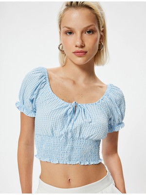 Koton Balon Kol Poplin Crop Bluz Gipeli Önden Bağlama Detaylı