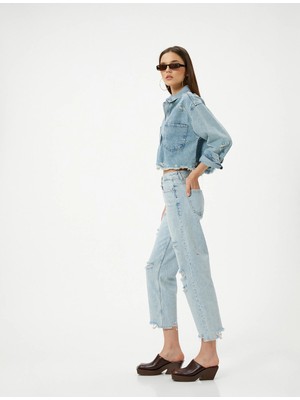 Koton Çok Yıpratmalı Kısa Düz Kesik Paça Kot Pantolon Cepli