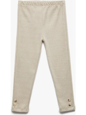 Düğme Detaylı Balıksırtı Desenli Beli Lastikli Uzun Tayt