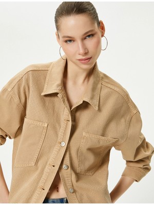 Koton Taşlı Kot Gömlek Ceket Cep Detaylı Uzun Kollu Pamuklu Rahat Kalıp