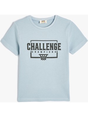 Koton Mavi Kısa Kollu Basketbol Baskılı Pamuklu Tişört 5 - 6 Yaş Erkek Çocuk Tarzı