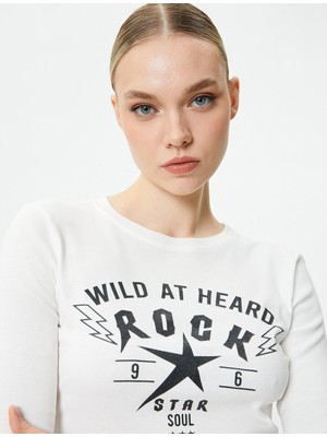 Koton Uzun Kollu T-Shirt Slogan Baskılı Bisiklet Yaka Pamuklu