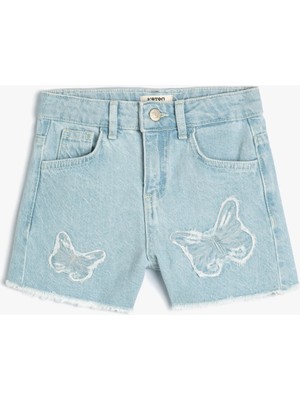 Koton Kız Çocuk Pamuklu Kot Şort Kelebek Aplike Detaylı Cepli Mavi Renkli
