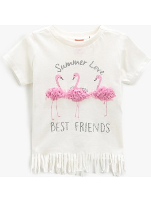 Koton Kız Çocuk Flamingo Aplike Detaylı Püsküllü Kısa Kollu Tişört Ekru Renk