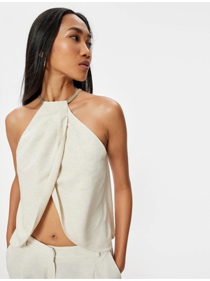 Koton Halter Yaka Bluz Asimetrik Kesim Pencere Detaylı Keten Karışımlı