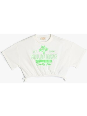 Koton Crop Tişört Kısa Kollu Bisiklet Yaka Baskılı Lastikli Pamuklu