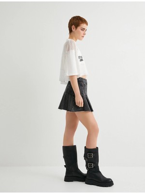 Koton Pileli Kot Etek Mini Boy Yüksek Bel Rahat Kalıp