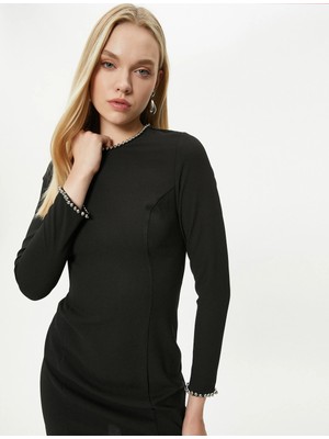 Koton Uzun Kollu Elbise Mini Taş Detaylı Bisiklet Yaka