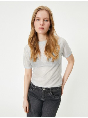 Koton Metalik Simli Tişört Bisiklet Yaka Kısa Kollu Parlak Taşlı