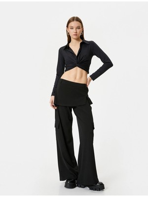 Koton Kruvaze Düğüm Detaylı Crop Tişört Uzun Kollu Gömlek Yaka