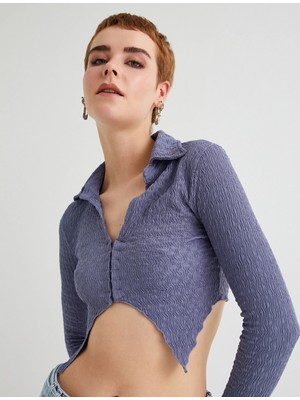 Koton Crop Bluz Asimetrik Kesim Dokulu Slim Fit Uzun Kollu Gömlek Yaka