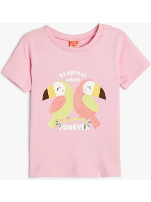 Koton Kısa Kollu Pamuklu Tişört Kız Çocuk Kuş Baskılı Bisiklet Yaka Grafik Desenli