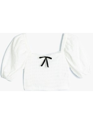 Koton Balon Kol Bluz Fiyonk Detaylı Kare Yaka Dokulu